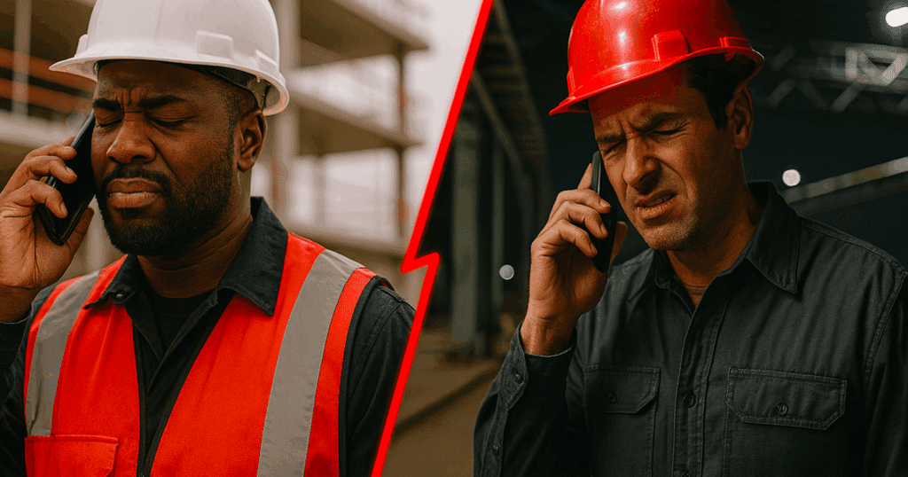 Two engineers on separate construction sites, both wearing hard hats and safety gear, talk on their phones with frustrated expressions. A jagged red line separates them, symbolizing broken communication.