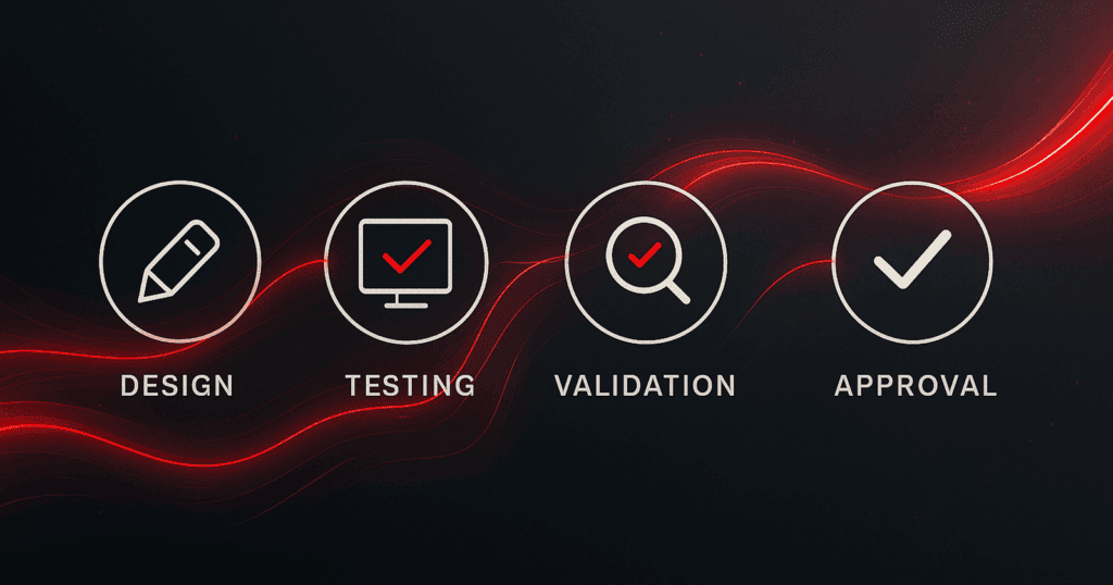 Flowing digital illustration of four connected icons labeled Design, Testing, Validation, and Approval, linked by a glowing red path, representing ENOVIA’s integrated traceability across the product lifecycle.