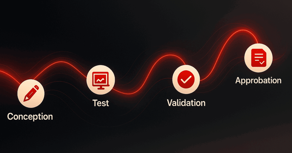 Illustration numérique fluide de quatre icônes reliées, étiquetées Conception, Test, Validation et Approbation, connectées par un chemin rouge lumineux, représentant la traçabilité intégrée d’ENOVIA tout au long du cycle de développement.