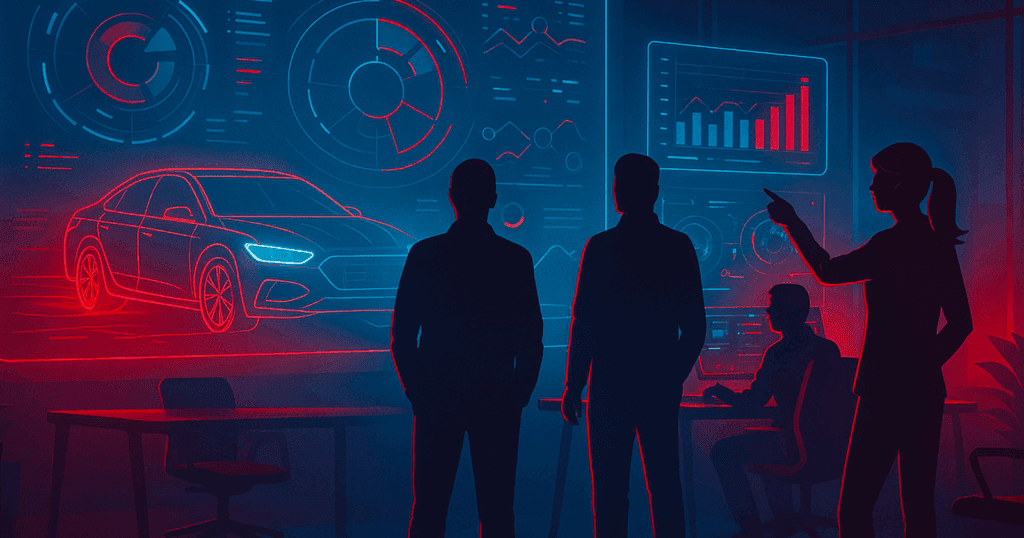 Realistic digital scene of engineers seated in a modern workspace, analyzing a large holographic display showing CAD wireframe models, charts, and technical data — symbolizing ENOVIA's integrated design and review environment.
