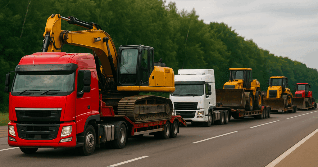A realistic photo of four large trucks hauling heavy construction equipment on trailers, all aligned on a highway, showcasing smooth and synchronized logistics in industrial transport.