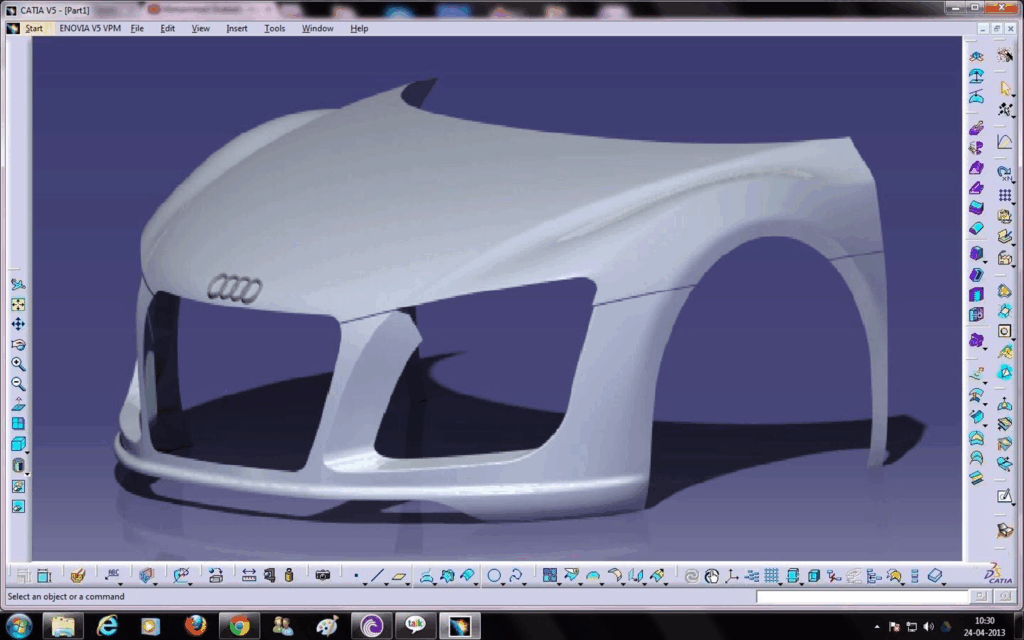 Screenshot of CATIA V5 in Wireframe and Surface Design mode showing a surface model of an Audi car front bumper with grille and wheel arch contours
