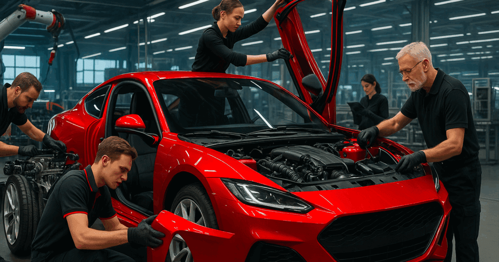 Des techniciens assemblent une voiture de sport rouge dans une usine futuriste. Chaque personne travaille sur une partie différente du véhicule : moteur, portière, pare-chocs, etc. L’environnement est moderne, propre, avec des structures métalliques élégantes et des bras robotiques. L’image est réaliste, en format paysage, dans des tons noir, blanc et rouge.