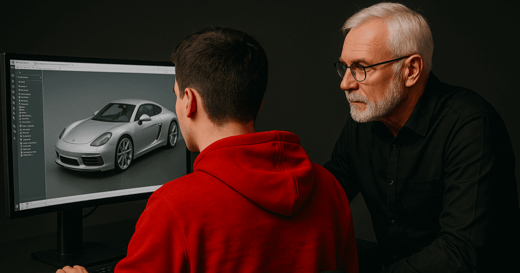Two men viewed from behind look at a computer screen displaying a 3D model of a sports car. The younger man, wearing a red hoodie, is seated and using the keyboard, while the older man in a black shirt leans in to observe closely. The setting is professional and sleek, with a dark, minimalist atmosphere.