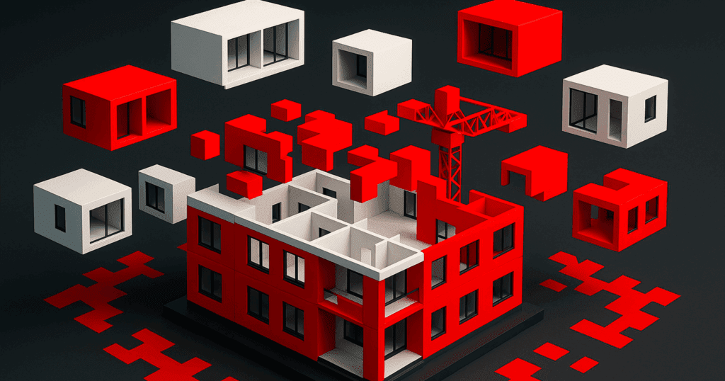 3D-rendered modular building model with prefabricated sections color-coded in black, white, and red #FD0000, arranged for assembly to emphasize the puzzle-like nature of modular construction.
