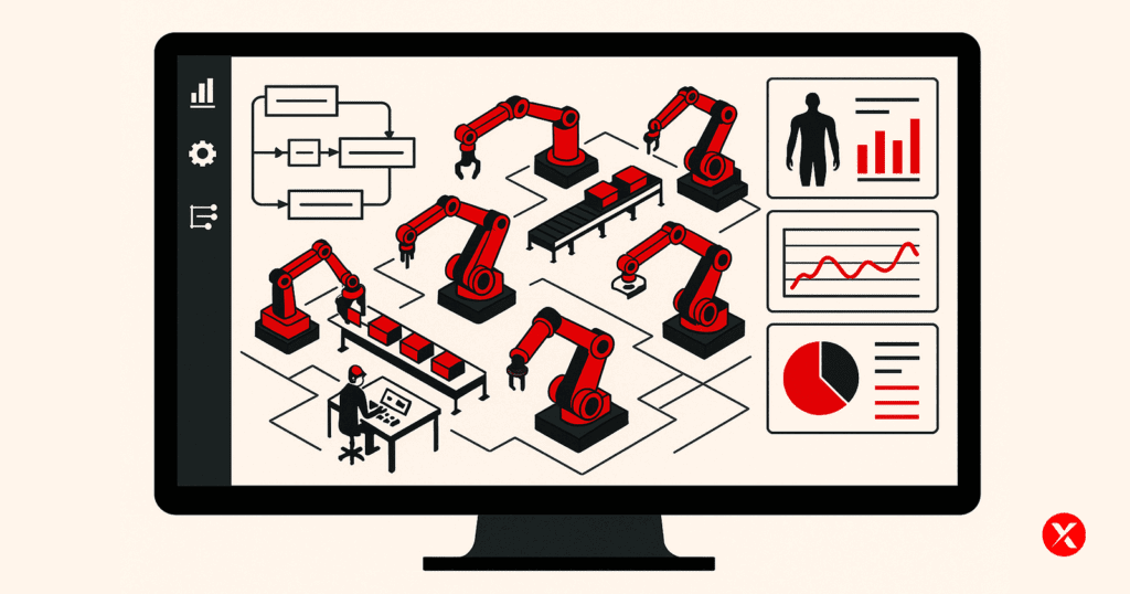 Illustration of a factory simulation screen with machines and workflows. ALT TEXT: Factory simulation screen illustration with robotic arms, machines, workflows, and performance analytics in Mecanica brand colors (black, white, red #FD0000).