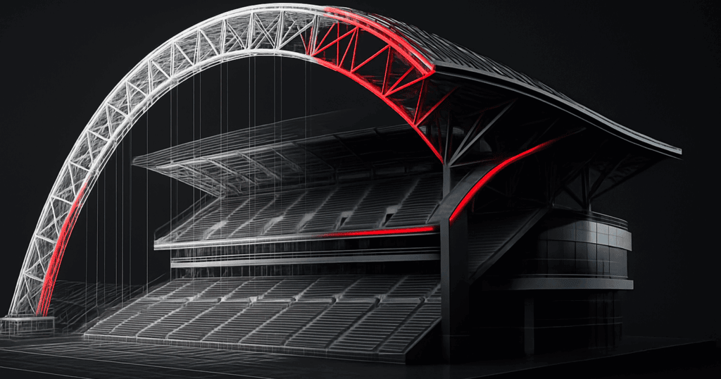 A horizontal 3D illustration of a partially assembled modern stadium, with the left side shown in transparent white wireframe and the right side rendered realistically with metallic surfaces, glass, and glowing red highlights. The structure includes arched trusses, tiered seating, and a cantilevered roof, all set against a sleek black background.