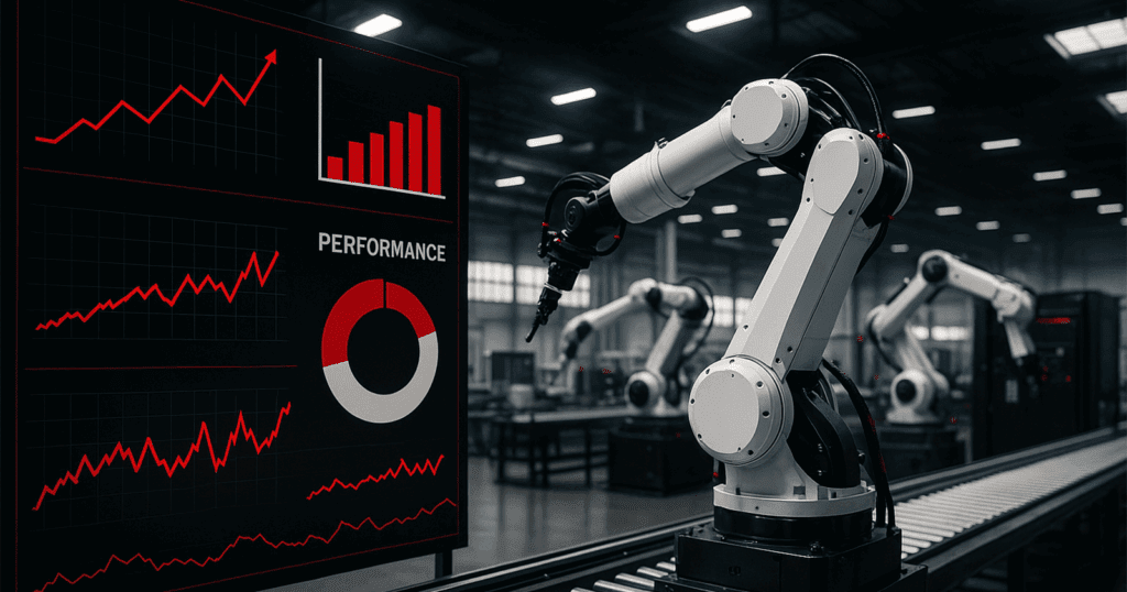 Modern automated factory with robotic arms and overlayed performance charts, visualizing DELMIA real-time orchestration in Mecanica brand colors (black, white, red #FD0000).
