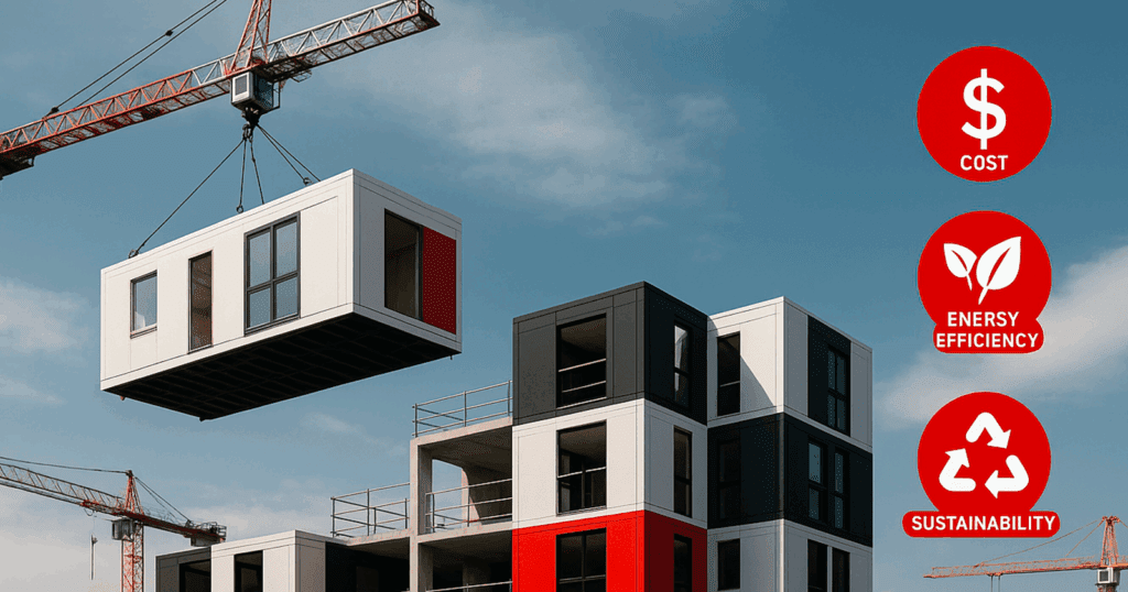 Construction site with prefabricated modules being lifted into place by cranes, annotated with red icons representing cost savings, energy efficiency, and sustainability. Styled in Mecanica brand colors (black, white, red #FD0000).