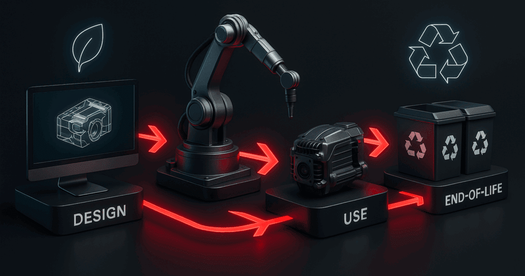 A realistic 3D illustration of the digital product lifecycle with four stages: a computer screen labeled “Design” showing a glowing 3D model, a robotic arm for “Manufacturing,” a mechanical component for “Use,” and recycling bins for “End-of-Life.” The stages are linked by glowing red arrows, with holographic eco-icons like a leaf and recycling symbol above them, all on a dark tech-inspired background.