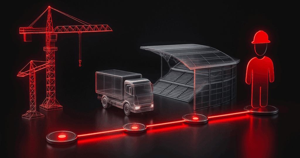 Small graphic symbols for cranes, trucks, and workers along a simple timeline, representing DELMIA’s planning and execution focus. ALT TEXT: A sleek 3D-rendered horizontal timeline with glowing red nodes connected by a bright line. Along the timeline are transparent holographic icons: a crane, a truck, a partially built structure, and a construction worker symbol, representing DELMIA’s focus on planning and execution.