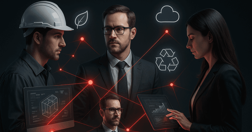 Engineers, suppliers, and managers digitally connected through glowing red lines and nodes, collaborating with holographic screens and data. Eco-icons including a leaf, recycling arrows, and a cloud float around them, symbolizing sustainability and ENOVIA connection.