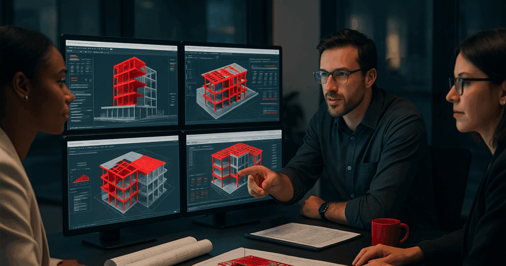 Project team collaborating virtually on 3D models of a modular construction project, with multiple screens showing real-time updates and shared structural designs in Mecanica brand colors (black, white, red #FD0000).