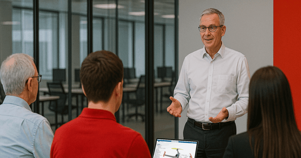 A senior male instructor leads a professional training session in a modern office. Several adult students are seen from behind, seated at a table with laptops and notebooks, attentively listening. The room features glass walls, clean lines, and a color scheme of black, white, and red (#FD0000), creating a realistic and professional atmosphere.