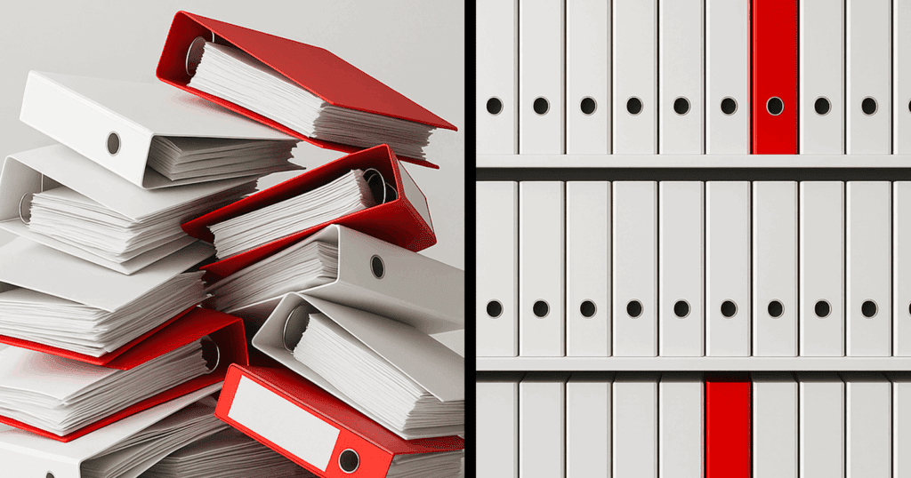 Split-screen comparison: on the left, a messy pile of red and white binders filled with documents, on the right, a neatly organized library of white binders with a few red ones, symbolizing the transition from chaos to organization.
