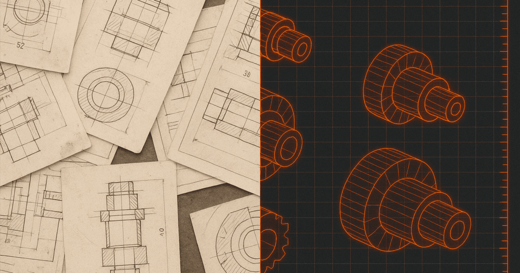 A split image showing old paper blueprints and messy hand-drawn technical sketches on the left, contrasting with a glowing orange-red digital CAD grid displaying 3D models on the right, symbolizing the evolution from traditional drafting to modern design.