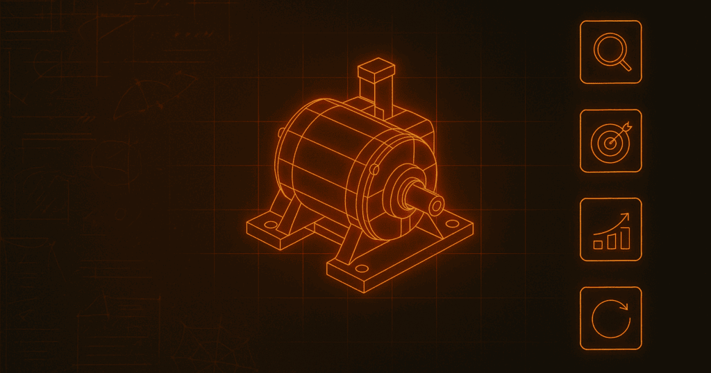glowing orange-red CAD assembly centered on a dark background, surrounded by fading sketch lines on the left and sleek digital icons on the right representing progress, goals, and iteration — visually symbolizing structured steps in digital transformation.