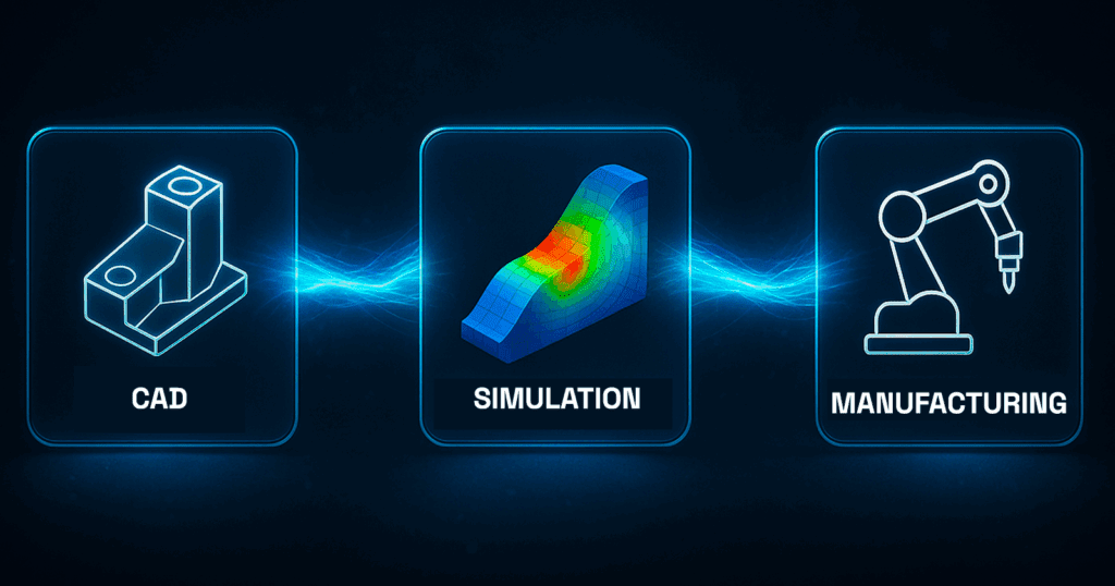 Realistic landscape illustration showing a glowing digital thread connecting three domains: a 3D CAD model, a mechanical simulation with color-coded stress map, and a manufacturing icon with a robotic arm. The red thread symbolizes the digital continuity from design to simulation to production.