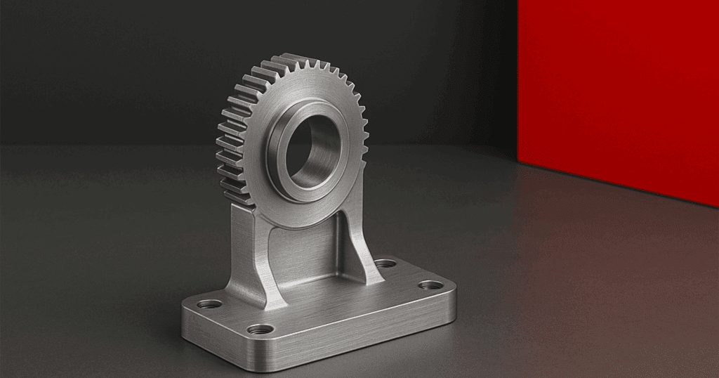 A precision-engineered metallic component with a gear mounted on an L-shaped bracket sits centered on a smooth gray surface. The clean composition leaves ample negative space around the part, with a dark gray and red background creating a sleek, modern, and professional industrial aesthetic.