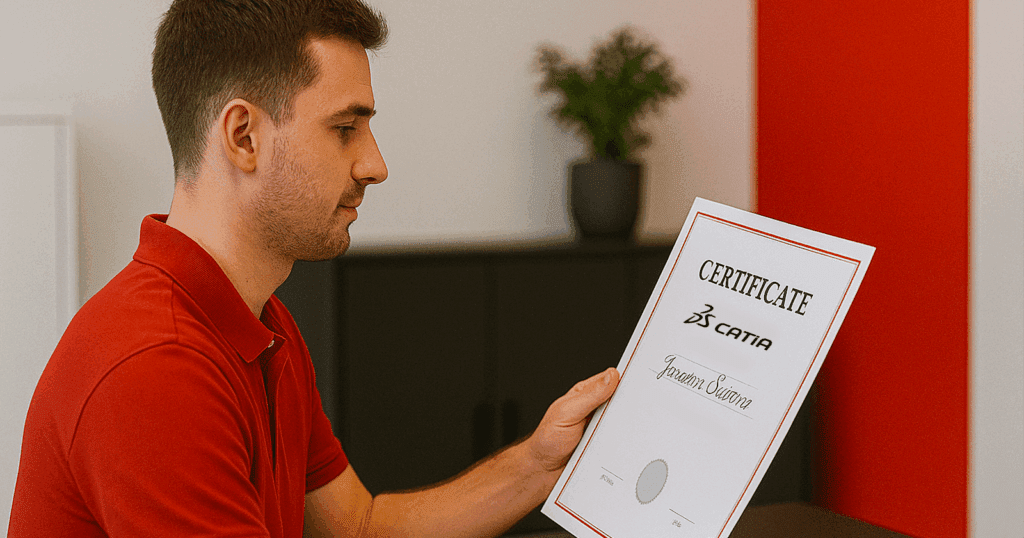 A young professional wearing a red polo shirt sits at a modern black desk, proudly holding and reviewing a certificate of achievement. The minimalist office background features a red accent wall and a small plant, creating a sleek, realistic, and professional atmosphere that conveys accomplishment and growth.