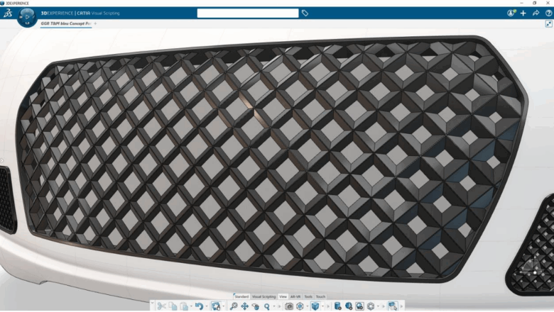 Automotive grille modeled in CATIA using ICEM Design Experience with geometric pattern visualization on the 3DEXPERIENCE platform.