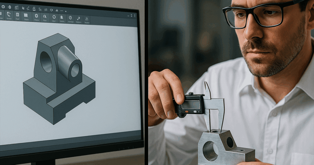 A split-screen composition: on the left, a computer screen showing a simple 3D CAD simulation or digital model; on the right, an engineer physically measuring a prototype with calipers.