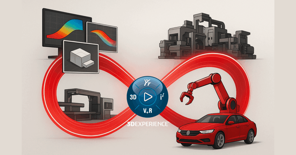A realistic horizontal image shows a glowing red infinity loop connecting the digital and physical worlds. On the left, screens display CAD models and simulations, while on the right, a red robotic arm, machines, and a red car represent manufacturing. The center glows softly to leave space for adding a logo.