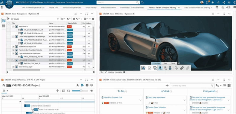 3DEXPERIENCE dashboard displaying CATIA ICEM Design Experience project management and 3D vehicle model review environment.