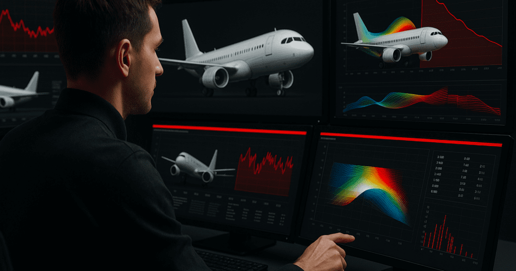 An engineer in a control room reviews 3D aircraft models and data graphs across multiple screens, including aerodynamic simulations and fuel-efficiency metrics.