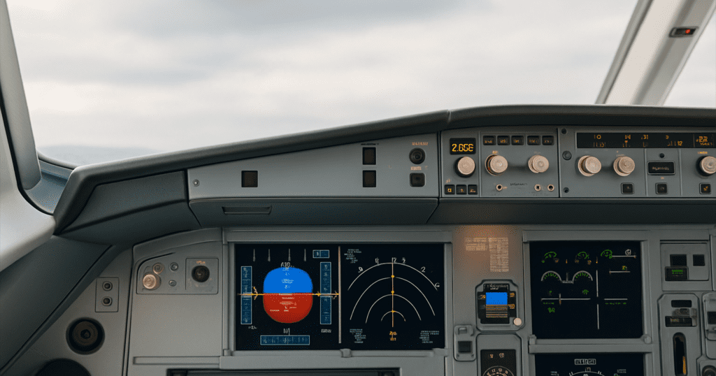 Realistic cockpit view lit by daylight, showing the pilot’s dashboard with flight instruments and displays, without any digital overlays.