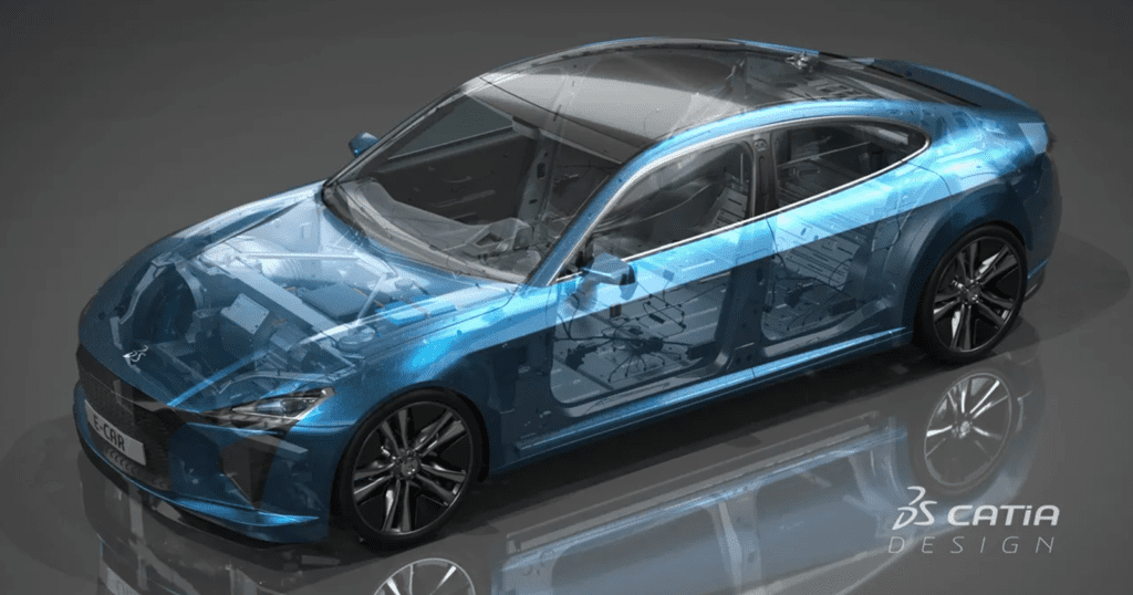 A transparent blue CAD model of a sedan shows the vehicle’s internal structure and components, designed using CATIA.
