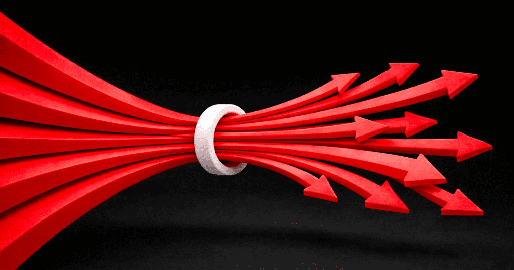 3D illustration of a bottleneck with red arrows converging and passing through a white ring on a black background, symbolizing a process constraint in engineering workflows.