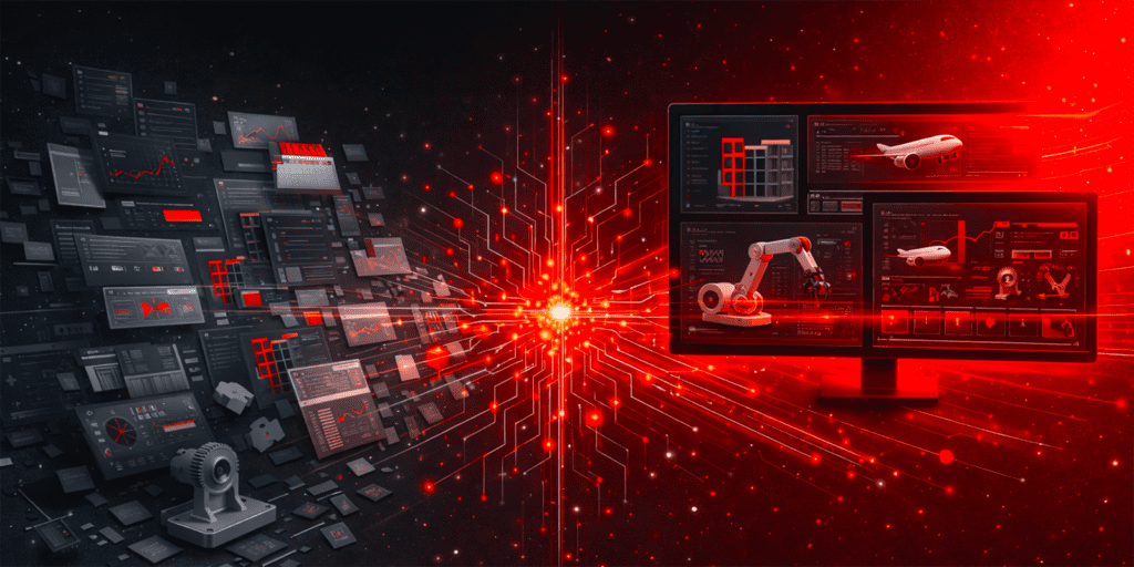 Visual representation of fragmented engineering workflows becoming unified through a digital platform