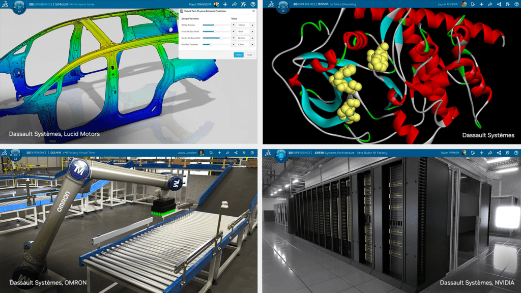 Collage of four images illustrating industrial AI applications: colour simulation of a car body, 3D molecular model, OMRON robotic arm in a factory, and rows of NVIDIA data centre servers.
