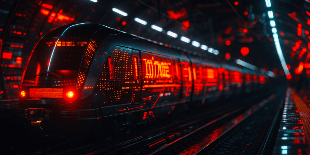 Futuristic train moving through a dark tunnel illuminated by red digital data, symbolizing performance, continuity, and scalability of complex systems.