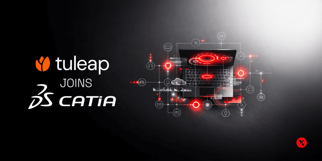 Futuristic illustration of a laptop displaying a red and white digital interface, surrounded by connected technology icons, alongside the message “Tuleap joins CATIA” on a dark gradient background.