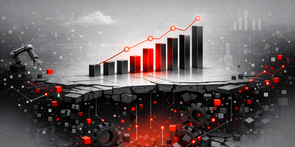 Conceptual illustration showing rising surface-level adoption metrics with upward red charts, while beneath a fractured platform and broken gears reveal hidden structural issues in engineering workflows. Black, white, and red color palette