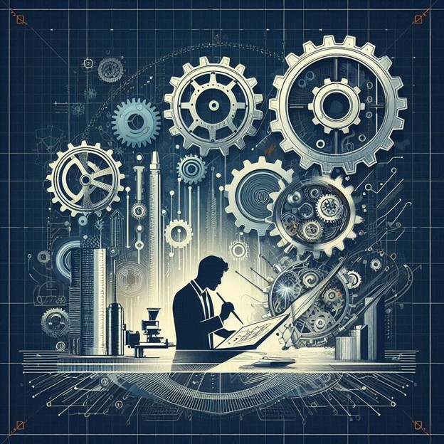Illustration of an engineer seated at a drafting table engaged in the design process