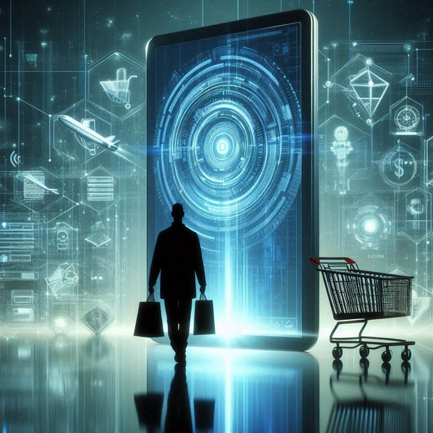 A silhouetted businessman holding shopping bags in front of a futuristic device