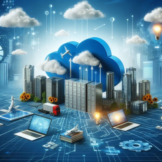 An illustration of a futuristic smart city with cloud connectivity