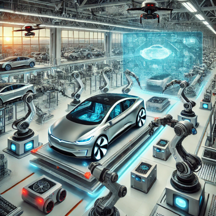 A futuristic automotive smart factory full of robotic arms and conveyer belts