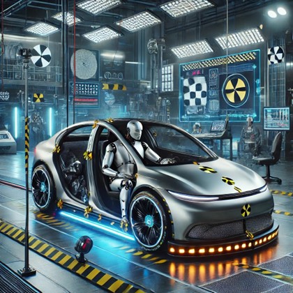 A futuristic car with a crash test dummy in the driver seat is positioned in a high-tech testing facility.