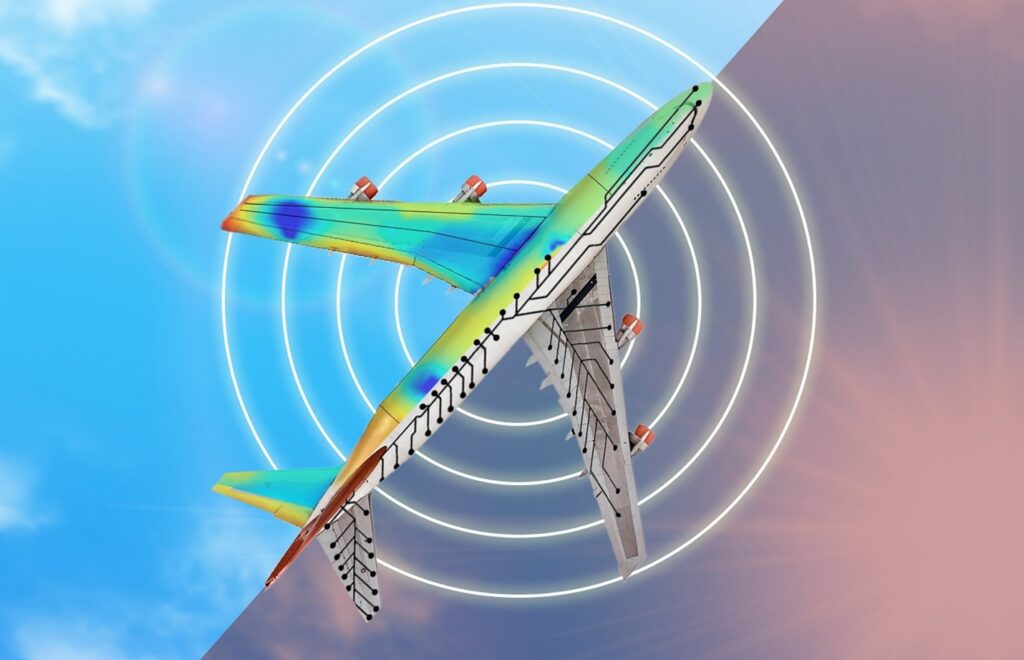 A digitally rendered aircraft with a semi-transparent overlay displaying structural analysis data.