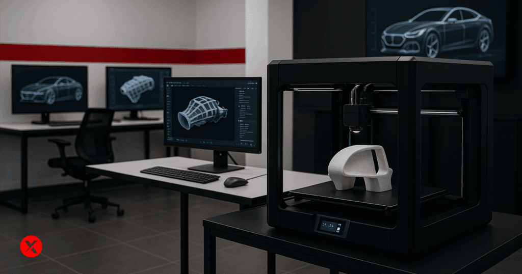 A modern automotive design studio with a 3D printer actively fabricating a white car component. The room features CAD models on computer screens and a sleek, professional layout in black, white, and red tones.