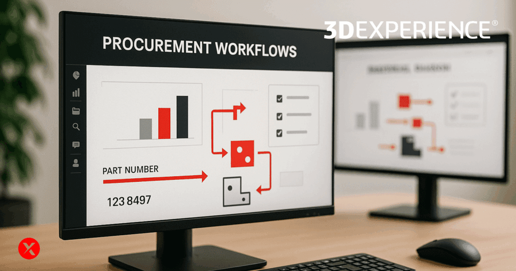 Realistic photo of a modern workspace with two computer monitors displaying procurement dashboards, featuring part reuse diagrams in black, white, and red.