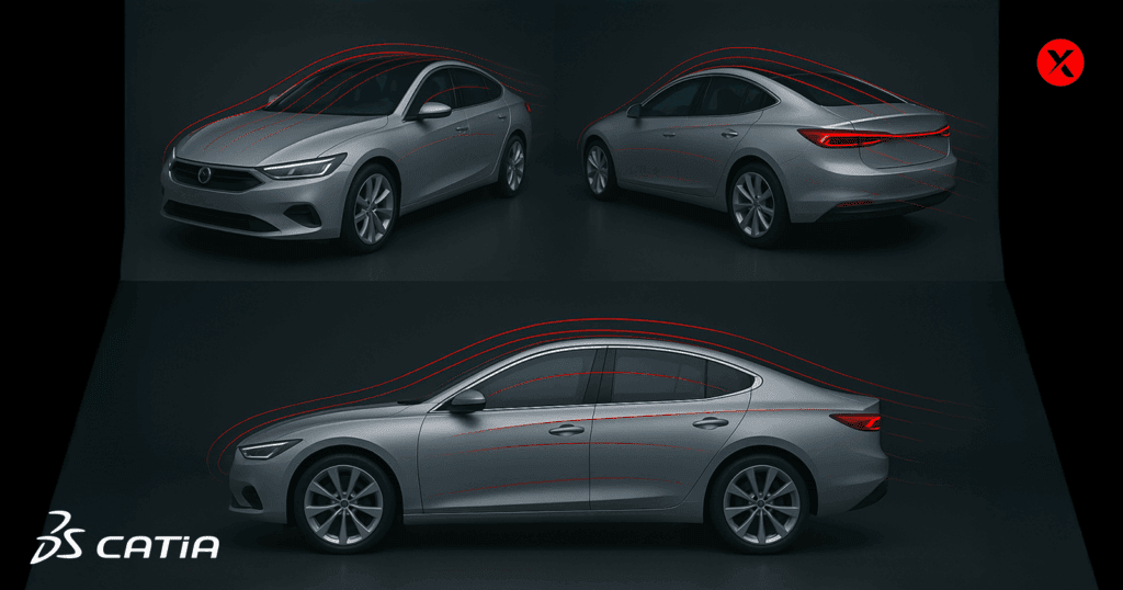 Triptych rendering of a silver aerodynamic sedan designed in CATIA, shown from front three-quarter, rear three-quarter, and side profile views, with elegant red airflow lines flowing across the dark background to illustrate airflow optimization.