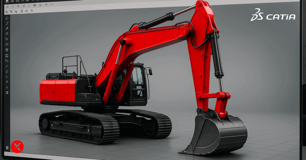 Realistic 3D rendering of an excavator in a CAD environment, with red highlights and detailed industrial components.