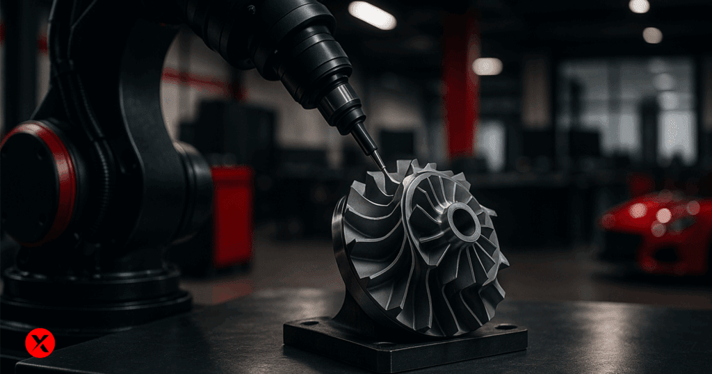 A close-up of a robotic arm machining a complex metal turbine part on a dark workbench, set in a modern industrial facility. The background shows a clean, softly lit workspace with red and black accents, evoking precision and high-tech production.