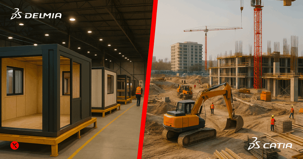 A hybrid factory/construction site split-screen: one side shows modular assembly lines, the other shows an active jobsite, both overlaid with digital icons, data, and workflows.
Alt text: Split-screen image showing a modular construction factory on the left and an active building site on the right, separated by a bold red vertical line. Both scenes are realistic, with workers present and structures in progress, representing the hybrid nature of smart manufacturing in construction.