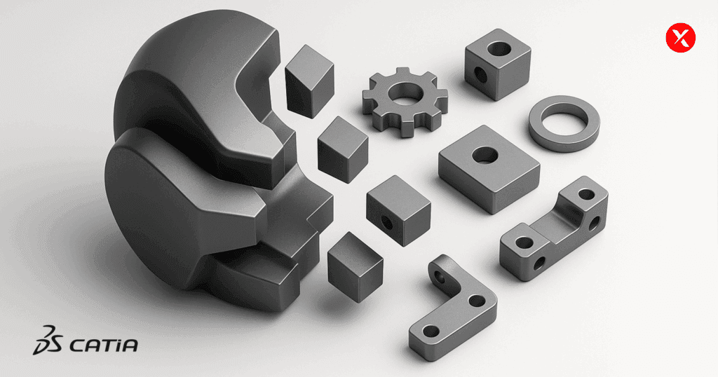 Abstract 3D shape breaking into separate parts to represent STEP assembly files being split into individual CATIA components.